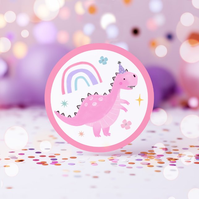 Pink Dinosaur Birthday Party Favors Classic Round Sticker (Creator Uploaded)