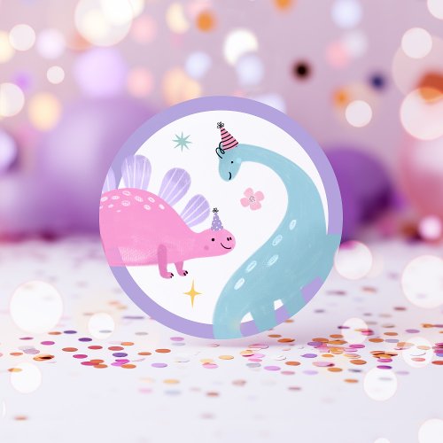 Pink Dinosaur Birthday Party Favors Classic Round Sticker