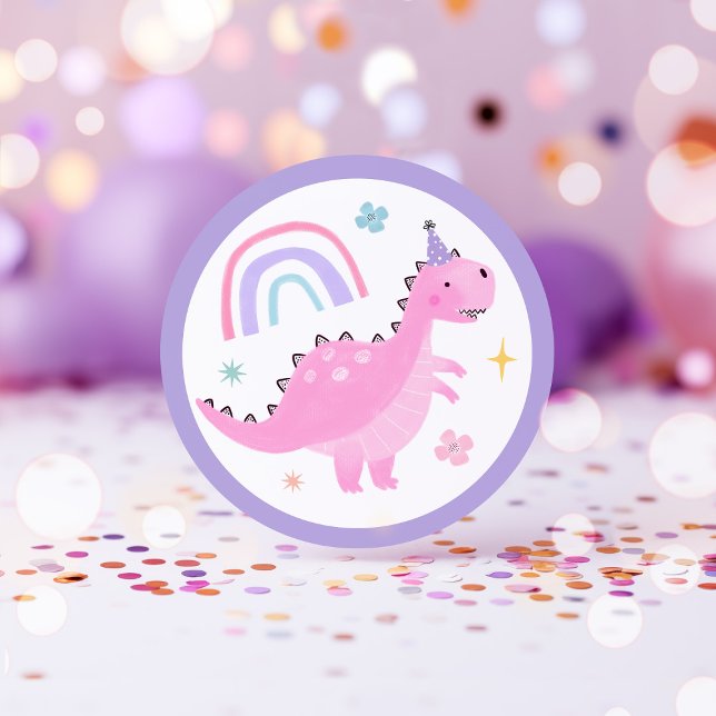 Pink Dinosaur Birthday Party Favors Classic Round Sticker (Creator Uploaded)
