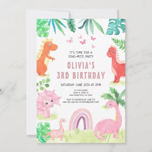 Pink Dinosaur Birthday Party Girl Kids Dino Invitation