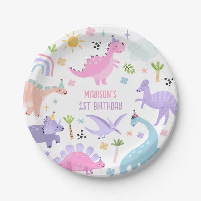 Pink Dinosaur Birthday Party  Paper Plates (Front)