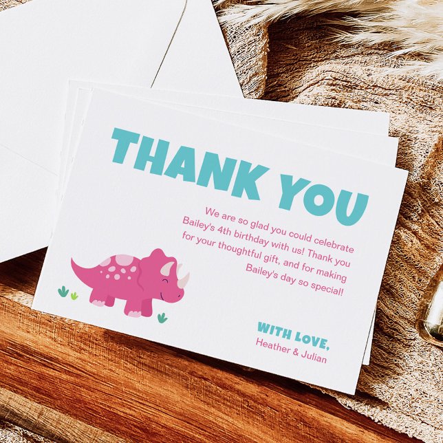 Pink Dinosaur Birthday Party Thank You Card (Creator Uploaded)