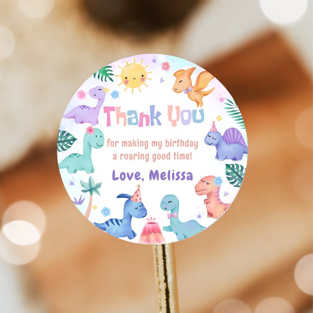 Pink Dinosaur Birthday Party Thank You Classic Round Sticker (Creator Uploaded)