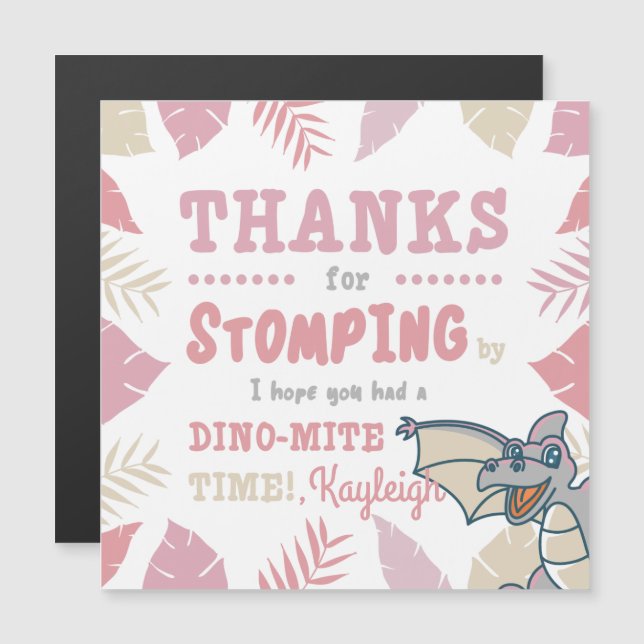 Pink Dinosaur Birthday Party Thank you Magnetic Invitation (Front/Back)