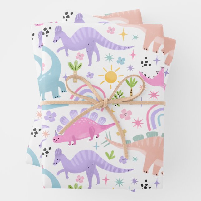 Pink Dinosaur Birthday Party  Wrapping Paper Sheets (In situ)