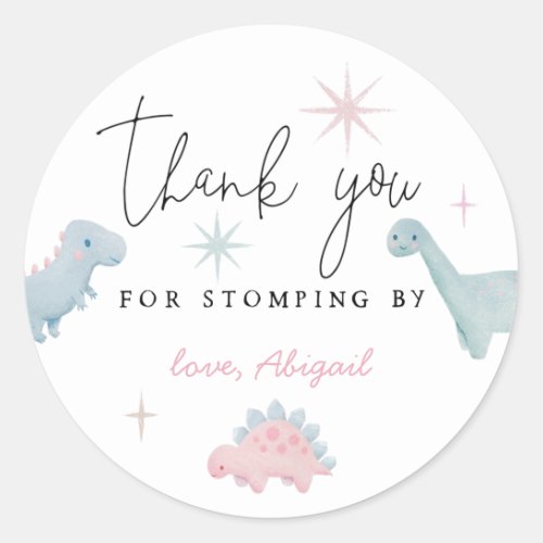 Pink Dinosaur Birthday Stomping By Favor Classic Round Sticker