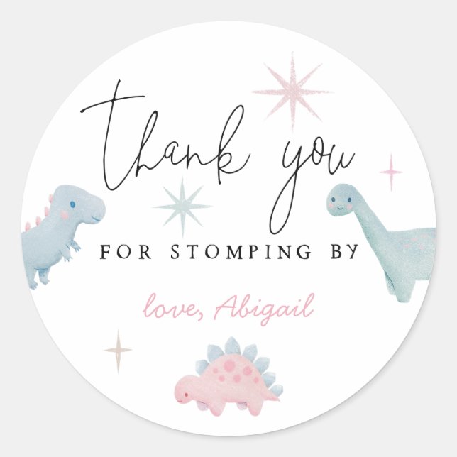 Pink Dinosaur Birthday Stomping By Favor Classic Round Sticker (Front)