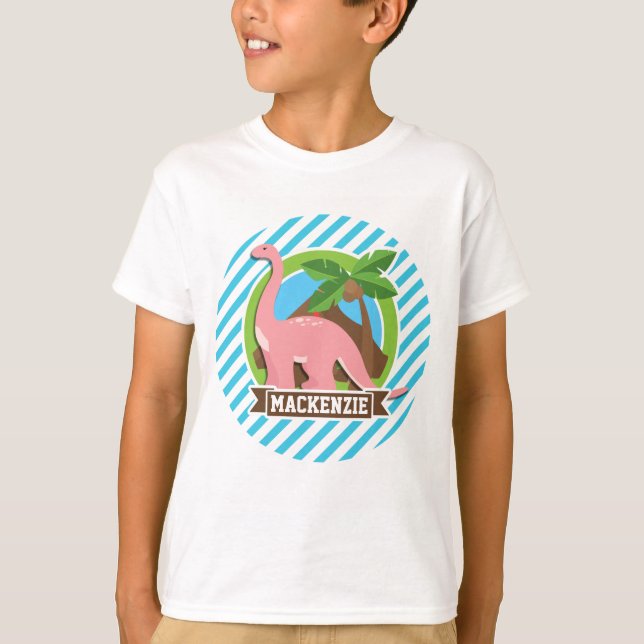 Pink Dinosaur; Blue & White Stripes T-Shirt (Front)