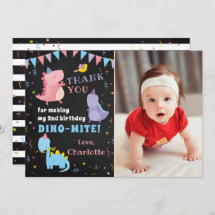 Pink Dinosaur Chalkboard Girls Dino Party Photo Thank You Card