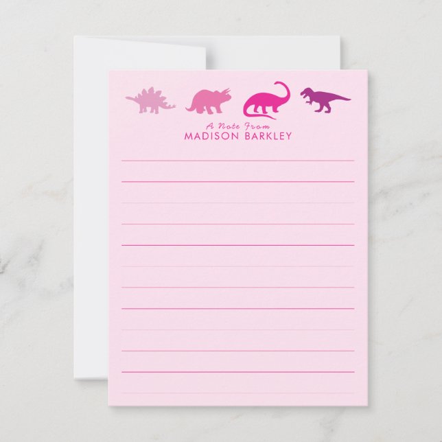 Pink Dinosaur Cute Kid's Dino Flat Stationary Card (Front)