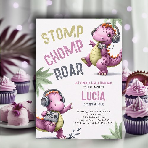 Pink Dinosaur Dance Stomp Chomp Roar Girl Birthday Invitation