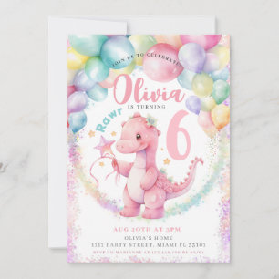 Pink Dinosaur Dino Girl Birthday Party Invitation
