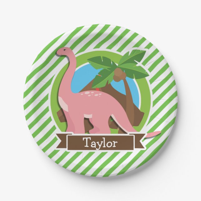 Pink Dinosaur, Dino; Green & White Stripes Paper Plates (Front)