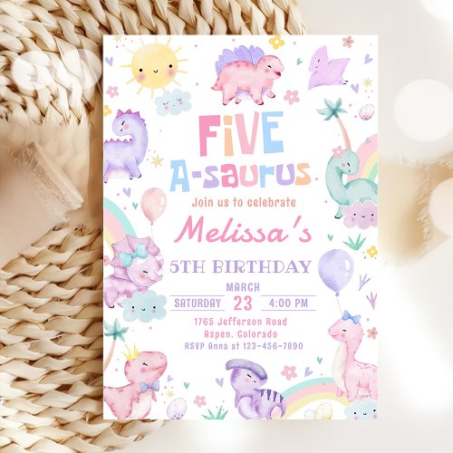 Pink Dinosaur Five A_Saurus Birthday Party Invitation