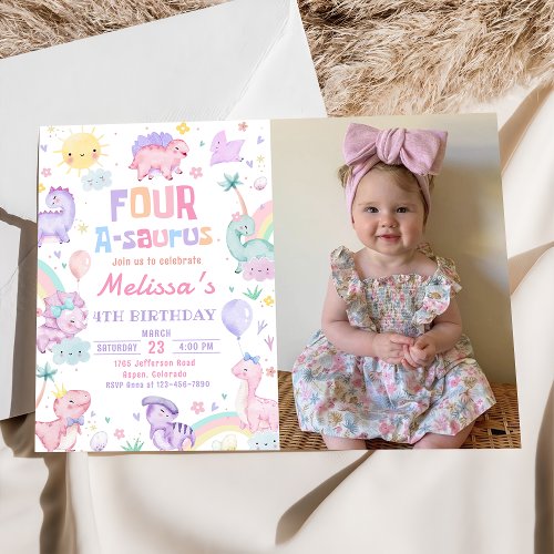 Pink Dinosaur Four A_Saurus Birthday Photo Invitation