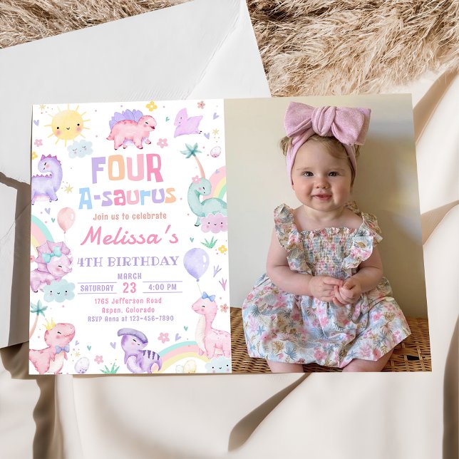 Pink Dinosaur Four A-Saurus Birthday Photo Invitation (Creator Uploaded)