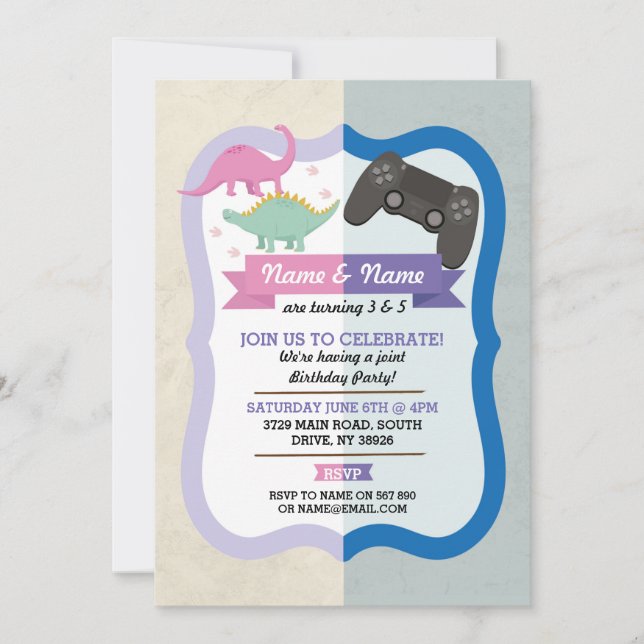 Pink Dinosaur & Gaming Joint Boy Girl Birthday Invitation (Front)