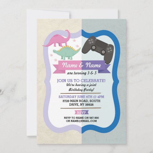 Pink Dinosaur  Gaming Joint Boy Girl Birthday Invitation