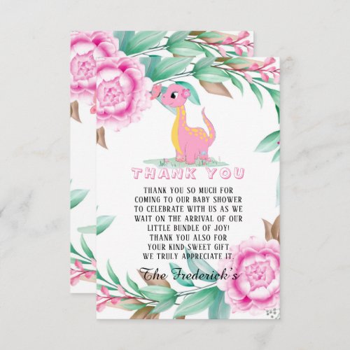 Pink Dinosaur Girl Baby Shower Thank You Cards