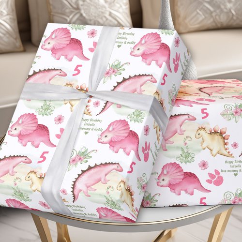 Pink Dinosaur Girl Birthday Custom Name Text Wrapping Paper