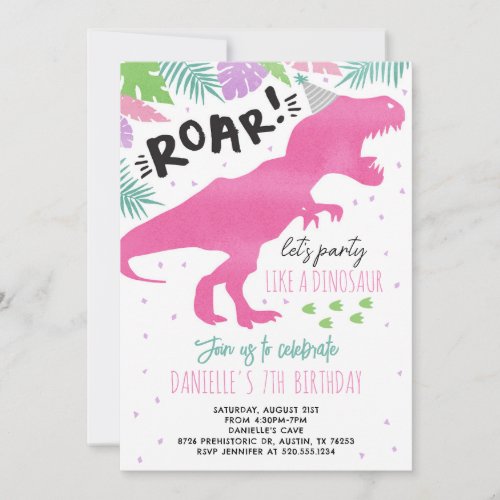 Pink Dinosaur Girl Birthday Party Invitation