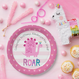 Pink Dinosaur Girl Kindergarten Graduation Playful Paper Plates
