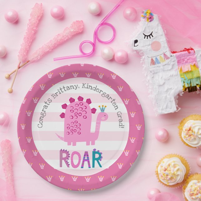 Pink Dinosaur Girl Kindergarten Graduation Playful Paper Plates (Party)