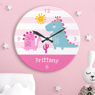 Pink Dinosaur Girl Nursery Custom Name Kawaii Cute Large Clock