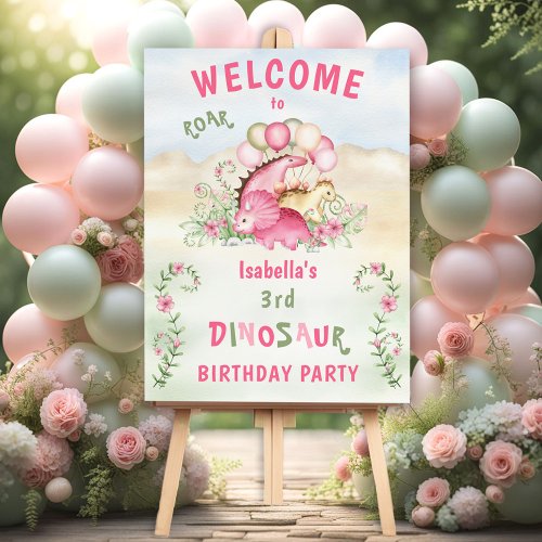 Pink Dinosaur Girl Pastel Cute Floral Welcome Sign