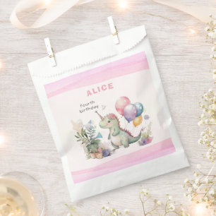 Pink Dinosaur Girl watercolor Birthday Favor Bag