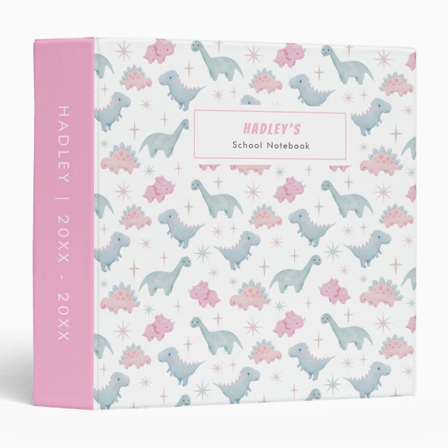 Pink Dinosaur Girl's School Notebook  3 Ring Binder (Front/Spine)