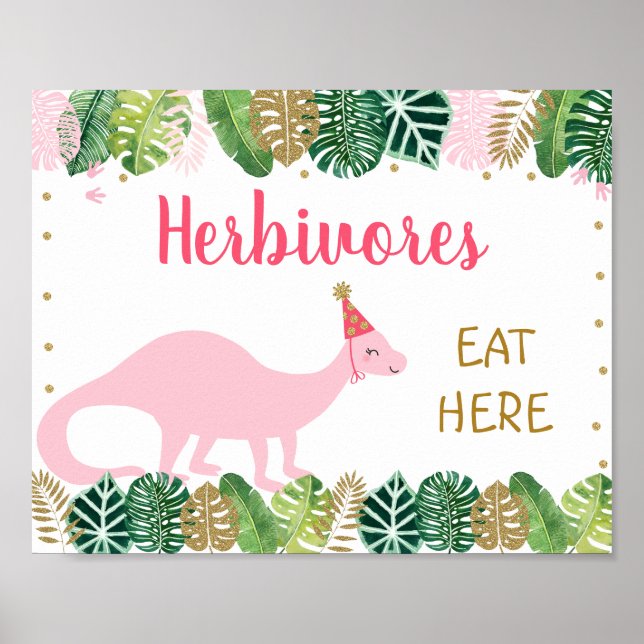 Pink Dinosaur Herbivores Birthday Food Table Sign (Front)