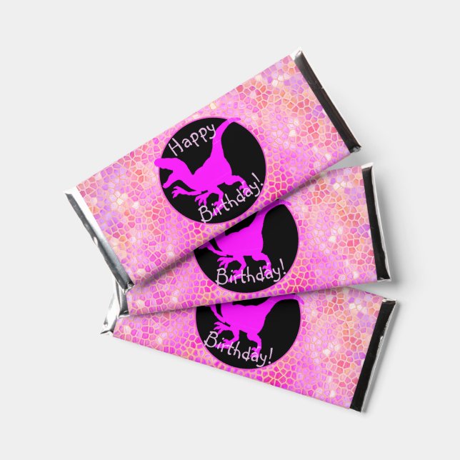 Pink Dinosaur Hide Happy Birthday!  Hershey Bar Favors (Front)