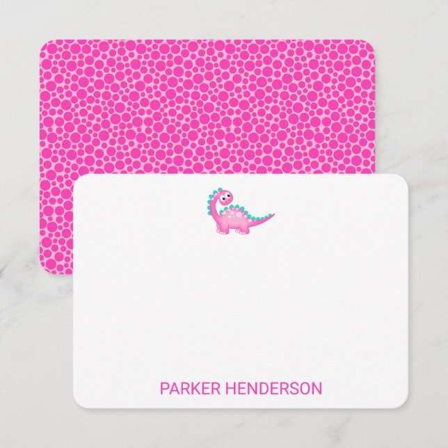 Pink Dinosaur Kids Personalized Stationery Thank You Card (Front/Back)