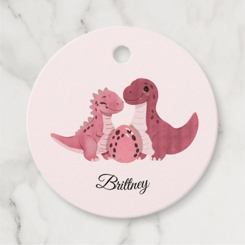 Pink Dinosaur Mom Dad and Egg Baby Shower Favor Tags