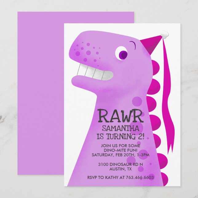 Pink Dinosaur Princess Birthday Party Invitation (Front/Back)