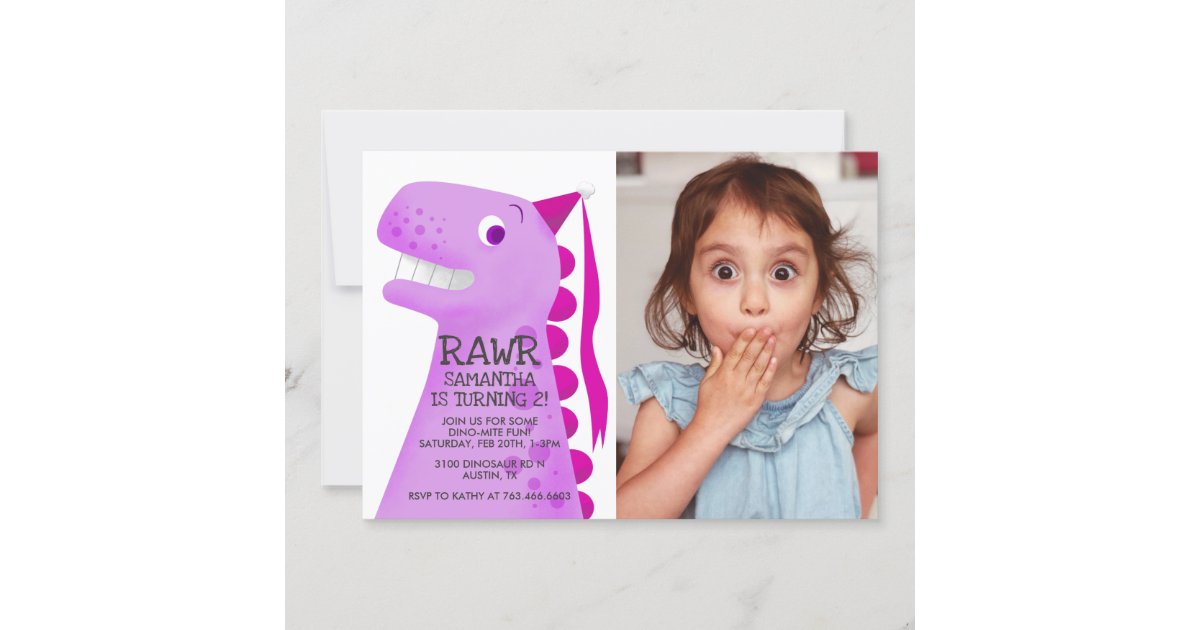 Pink Dinosaur Princess Birthday Party Photo Invitation Zazzle