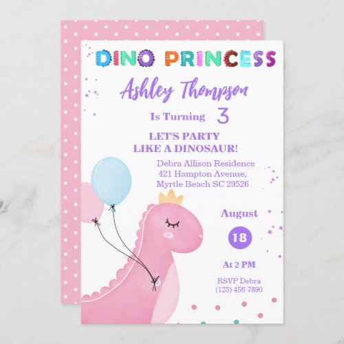  Pink Dinosaur Princess Girls TRex Birthday Party  Invitation