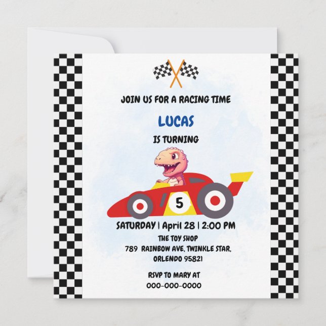 Pink Dinosaur Red Race car boy Fun Birthday party Invitation (Front)