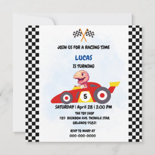 Pink Dinosaur Red Race car boy Fun Birthday party Invitation