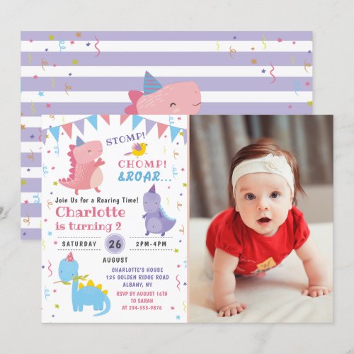 Pink Dinosaur Roar Birthday Girls Dino Party Photo Invitation