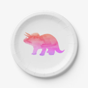 Pink Dinosaur Silhouette Triceratops Paper Plate