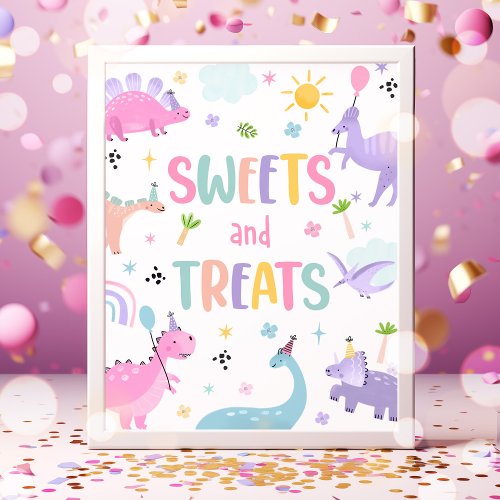 Pink Dinosaur Sweets And Treats Birthday Party Poster