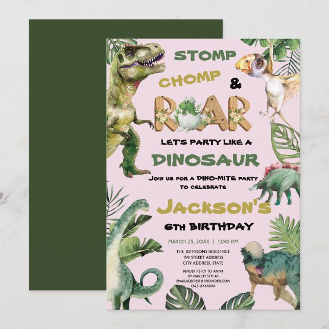 Pink Dinosaur-Themed Birthday Party Invitation (Front/Back)