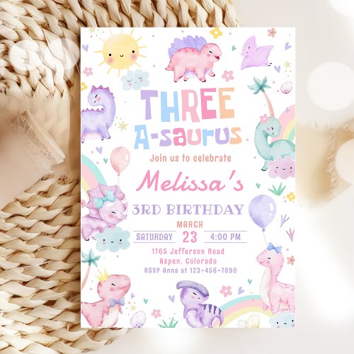 Pink Dinosaur Three A_Saurus 3rd Birthday Party Invitation