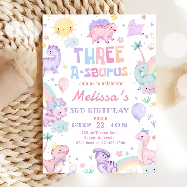 Pink Dinosaur Three A-Saurus 3rd Birthday Party Invitation (Creator Uploaded)