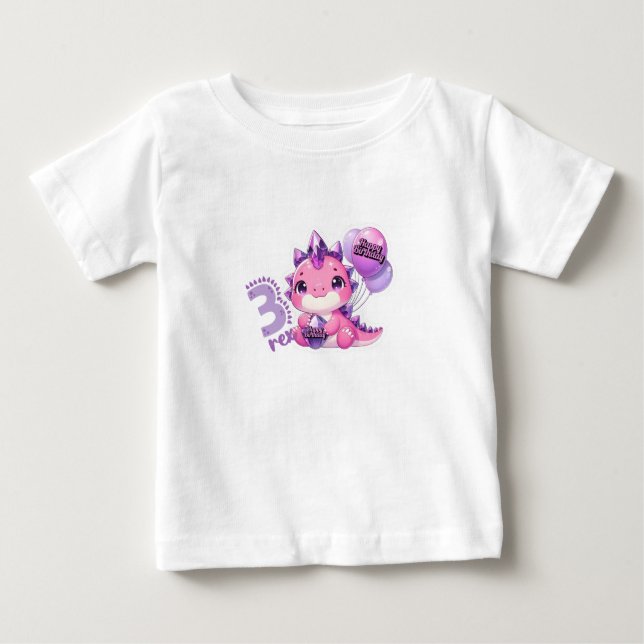 Pink Dinosaur Three Rex 3rd Birthday Party Baby Gi Baby T-Shirt (Front)
