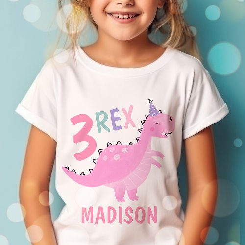 Pink Dinosaur Three Rex 3rd Birthday Party  T_Shirt