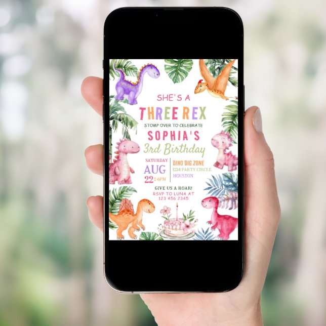 Pink Dinosaur Three Rex GIRL Birthday Invitation (Front Digital)