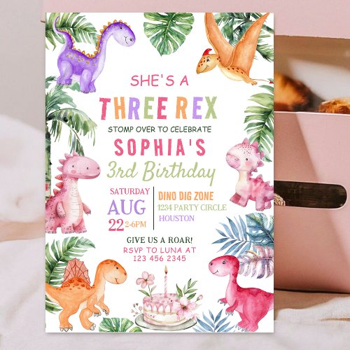 Pink Dinosaur Three Rex GIRL Birthday Invitation